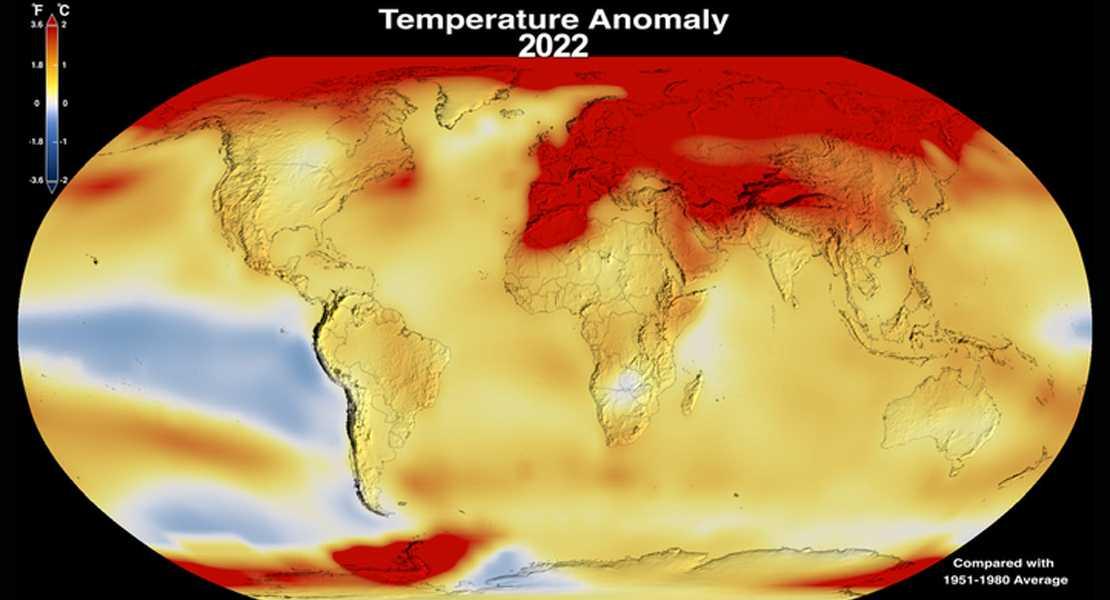 Questa visualizzazione dei dati mostra l'anomalia della temperatura superficiale globale del 2022 rispetto alla media del periodo 1951-1980