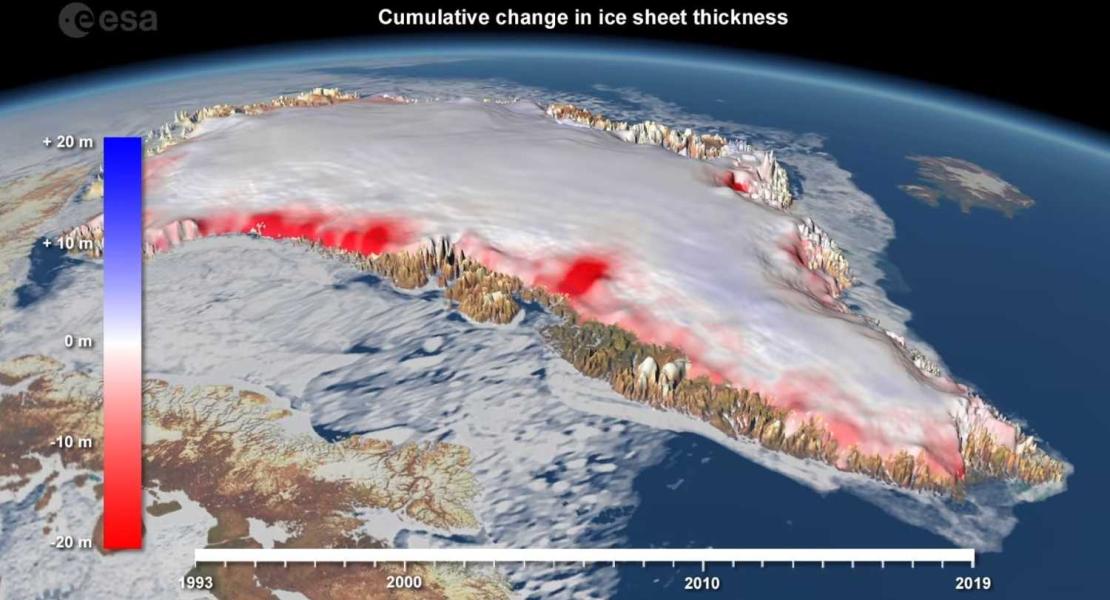 Aree in rosso che evidenziano i cambiamenti nello spessore delle calotte glaciali della Groenlandia tra il 1992 e il 2020