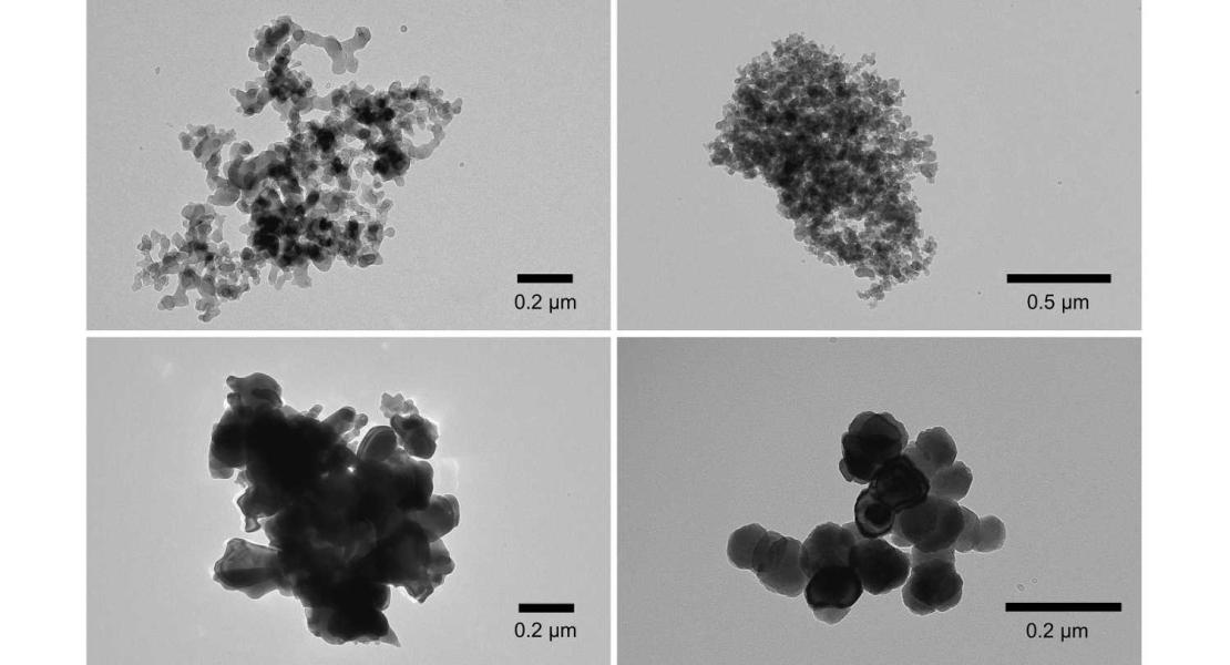 Immagini al microscopio elettronico a trasmissione di campioni di polvere da laboratorio. In senso orario da sinistra in alto, fuliggine di fullerene, aggregato di carbonio nero dallo scarico del veicolo, Hematite-TD e Hematite-KJ.