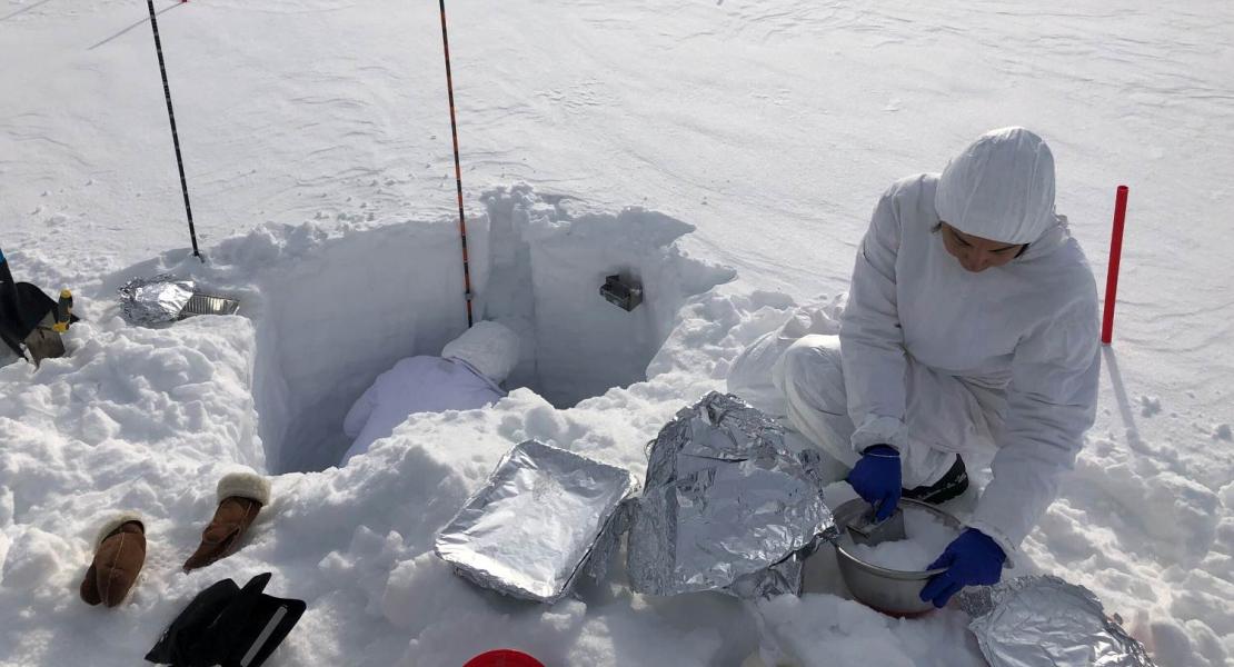 Attività di campionamento di neve a Ny-Ålesund, Isole Svalbard.