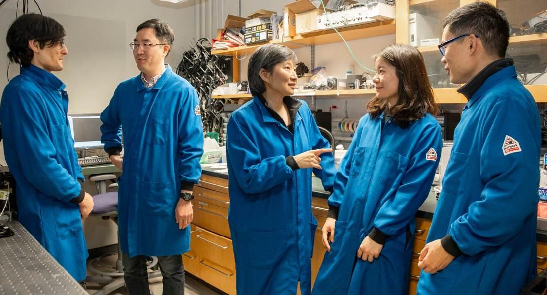 Xiaowei Zhuang (al centro) in laboratorio con il team Aaron Halpern (da sinistra), Won Jung, Meng Zhang e Xingjie Pan.