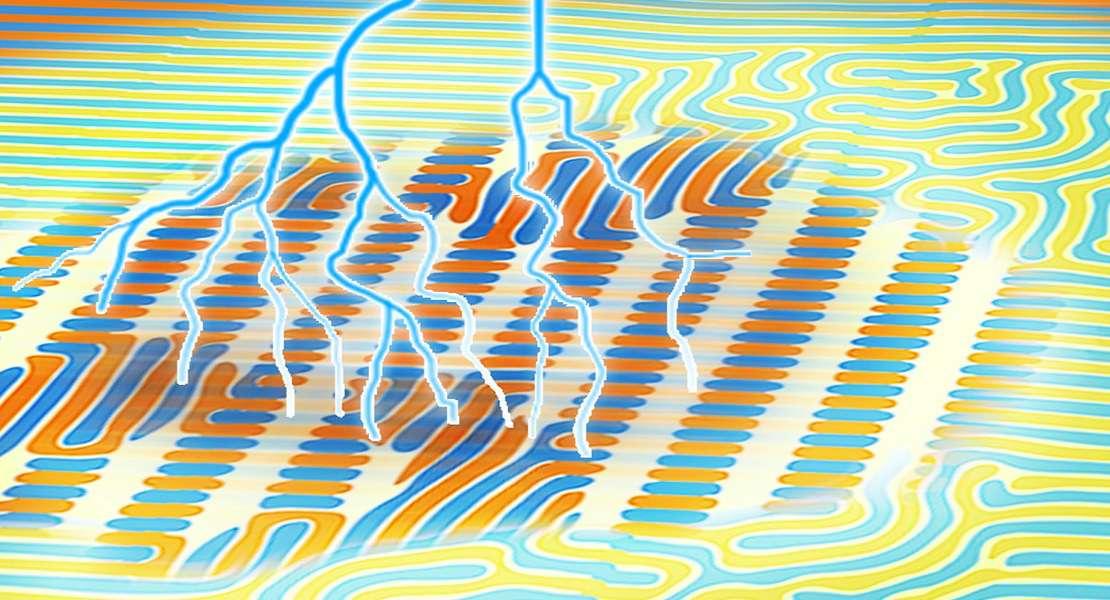 Rendering artistico che rappresenta impulsi luminosi che producono trasformazioni adattive in strutture di nanodomini applicabili al calcolo neuromorfico.
