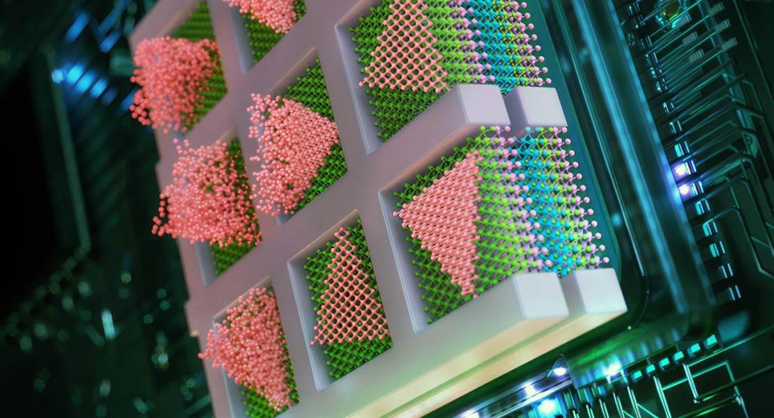 Il team deposita particelle semiconduttrici (in rosa) come triangoli all'interno di quadrati confinati, per creare elementi elettronici di alta qualità, direttamente sopra altri strati semiconduttori (mostrati in strati di viola, blu e verde).