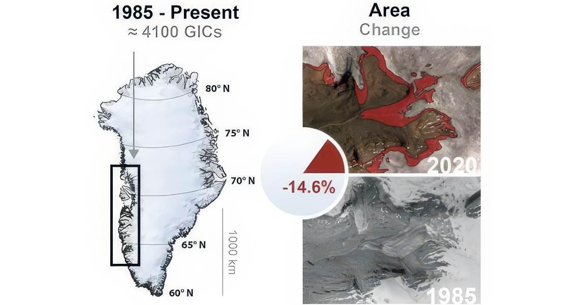 A sinistra, la zona della Groenlandia nella quale si è svolto lo studio. A destra, l'area di uno stesso ghiacciaio rilevata nel 1985 e nel 2020.