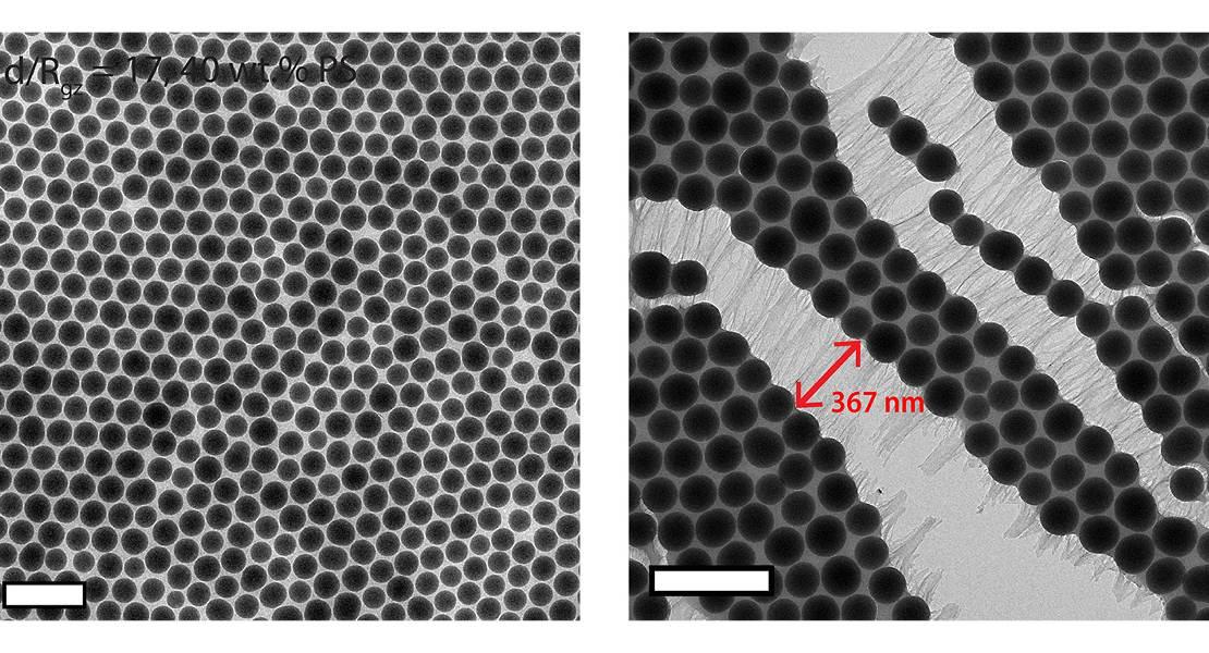 Immagini al microscopio di nanoparticelle con catene polimeriche attaccate prima (a sinistra) e dopo (destra) deformazione, mostrando una lunga formazione di nanofibre con catene polimeriche che si estendono.