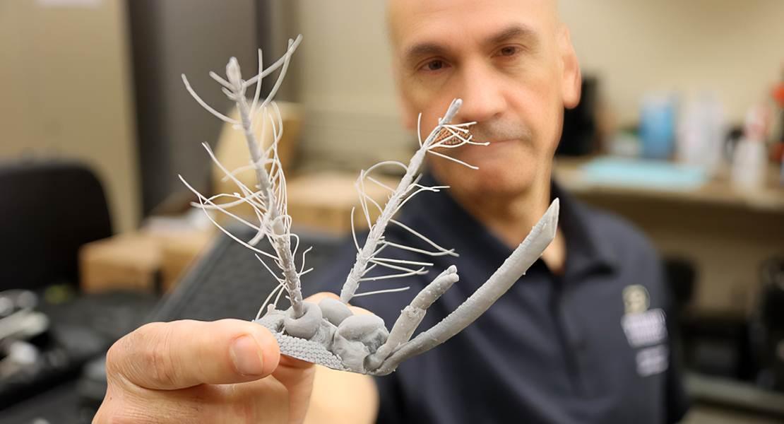 Il Professor Pablo Zavattieri mostra una testa di zanzara stampata in 3D.